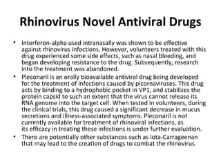 Rhinovirus Novel Antiviral Drugs
• Interferon-alpha used intranasally was shown to be effective
against rhinovirus infections. However, volunteers treated with this
drug experienced some side effects, such as nasal bleeding, and
began developing resistance to the drug. Subsequently, research
into the treatment was abandoned.
• Pleconaril is an orally bioavailable antiviral drug being developed
for the treatment of infections caused by picornaviruses. This drug
acts by binding to a hydrophobic pocket in VP1, and stabilizes the
protein capsid to such an extent that the virus cannot release its
RNA genome into the target cell. When tested in volunteers, during
the clinical trials, this drug caused a significant decrease in mucus
secretions and illness-associated symptoms. Pleconaril is not
currently available for treatment of rhinoviral infections, as
its efficacy in treating these infections is under further evaluation.
• There are potentially other substances such as Iota-Carrageenan
that may lead to the creation of drugs to combat the rhinovirus.

 