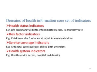 Domains of health information core set of indicators
Health status indicators
E.g. Life expectancy at birth, infant mortality rate, TB mortality rate
Risk factor indicators
E.g. Children under 5 who are stunted, Anemia in children
Service coverage indicators
E.g. Antenatal care coverage, skilled birth attendant
Health system indicators
E.g. Health service access, hospital bed density
262
 