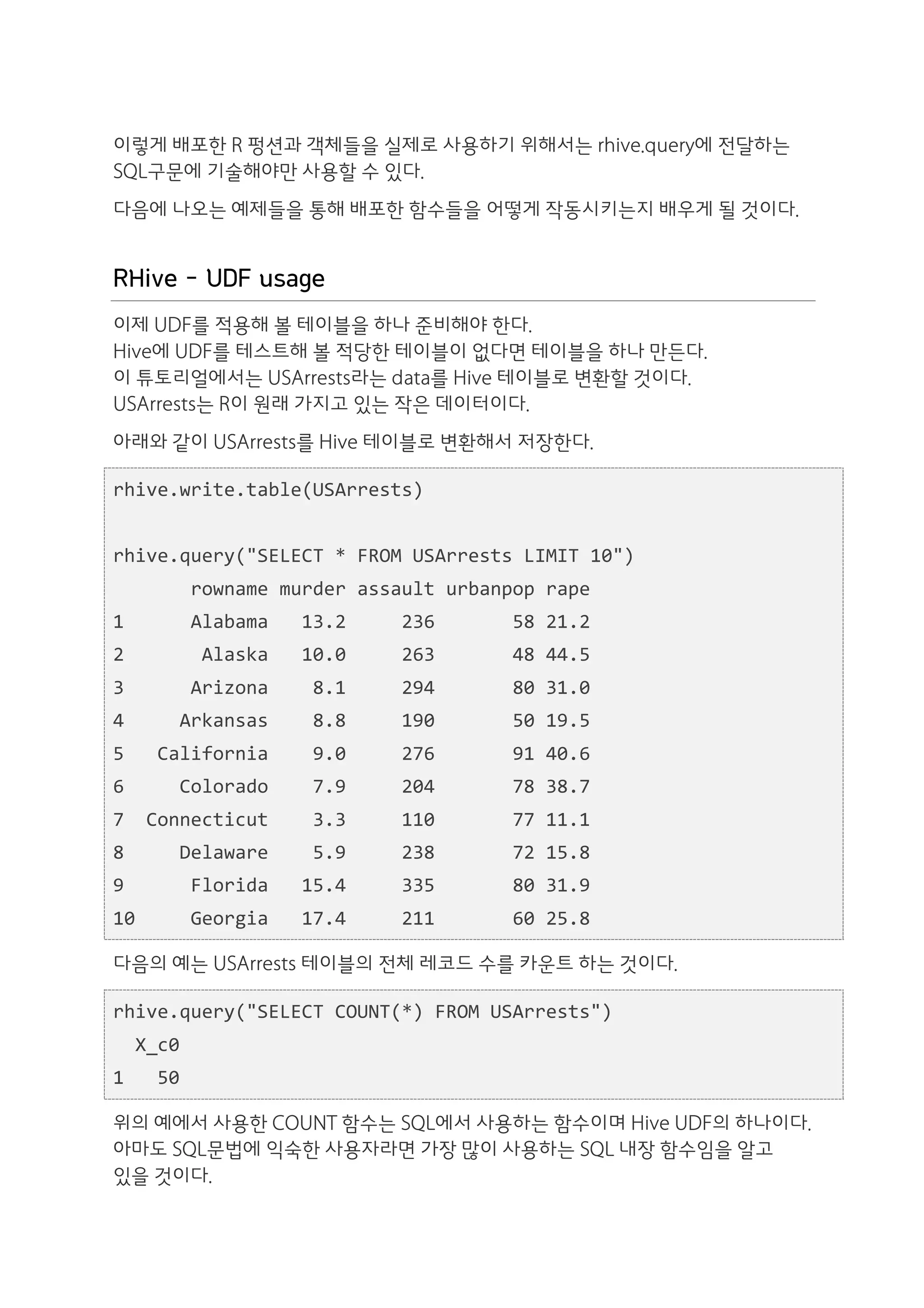 이렇게 배포한 R 펑션과 객체들을 실제로 사용하기 위해서는 rhive.query에 전달하는
SQL구문에 기술해야만 사용할 수 있다.
다음에 나오는 예제들을 통해 배포한 함수들을 어떻게 작동시키는지 배우게 될 것이다.


RHive - UDF usage
이제 UDF를 적용해 볼 테이블을 하나 준비해야 한다.
Hive에 UDF를 테스트해 볼 적당한 테이블이 없다면 테이블을 하나 만든다.
이 튜토리얼에서는 USArrests라는 data를 Hive 테이블로 변환할 것이다.
USArrests는 R이 원래 가지고 있는 작은 데이터이다.
아래와 같이 USArrests를 Hive 테이블로 변환해서 저장한다.

rhive.write.table(USArrests)	
  
	
  	
  
rhive.query("SELECT	
  *	
  FROM	
  USArrests	
  LIMIT	
  10")	
  
	
  	
  	
  	
  	
  	
  	
  rowname	
  murder	
  assault	
  urbanpop	
  rape	
  
1	
  	
  	
  	
  	
  	
  Alabama	
  	
  	
  13.2	
  	
  	
  	
  	
  236	
  	
  	
  	
  	
  	
  	
  58	
  21.2	
  
2	
  	
  	
  	
  	
  	
  	
  Alaska	
  	
  	
  10.0	
  	
  	
  	
  	
  263	
  	
  	
  	
  	
  	
  	
  48	
  44.5	
  
3	
  	
  	
  	
  	
  	
  Arizona	
  	
  	
  	
  8.1	
  	
  	
  	
  	
  294	
  	
  	
  	
  	
  	
  	
  80	
  31.0	
  
4	
  	
  	
  	
  	
  Arkansas	
  	
  	
  	
  8.8	
  	
  	
  	
  	
  190	
  	
  	
  	
  	
  	
  	
  50	
  19.5	
  
5	
  	
  	
  California	
  	
  	
  	
  9.0	
  	
  	
  	
  	
  276	
  	
  	
  	
  	
  	
  	
  91	
  40.6	
  
6	
  	
  	
  	
  	
  Colorado	
  	
  	
  	
  7.9	
  	
  	
  	
  	
  204	
  	
  	
  	
  	
  	
  	
  78	
  38.7	
  
7	
  	
  Connecticut	
  	
  	
  	
  3.3	
  	
  	
  	
  	
  110	
  	
  	
  	
  	
  	
  	
  77	
  11.1	
  
8	
  	
  	
  	
  	
  Delaware	
  	
  	
  	
  5.9	
  	
  	
  	
  	
  238	
  	
  	
  	
  	
  	
  	
  72	
  15.8	
  
9	
  	
  	
  	
  	
  	
  Florida	
  	
  	
  15.4	
  	
  	
  	
  	
  335	
  	
  	
  	
  	
  	
  	
  80	
  31.9	
  
10	
  	
  	
  	
  	
  Georgia	
  	
  	
  17.4	
  	
  	
  	
  	
  211	
  	
  	
  	
  	
  	
  	
  60	
  25.8

다음의 예는 USArrests 테이블의 전체 레코드 수를 카운트 하는 것이다.

rhive.query("SELECT	
  COUNT(*)	
  FROM	
  USArrests")	
  
	
  	
  X_c0	
  
1	
  	
  	
  50	
  

위의 예에서 사용한 COUNT 함수는 SQL에서 사용하는 함수이며 Hive UDF의 하나이다.
아마도 SQL문법에 익숙한 사용자라면 가장 많이 사용하는 SQL 내장 함수임을 알고
있을 것이다.
 