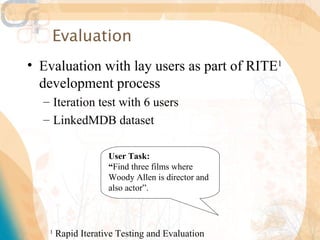 Evaluation
• Evaluation with lay users as part of RITE1
  development process
  – Iteration test with 6 users
  – LinkedMDB dataset

                    User Task:
                    “Find three films where
                    Woody Allen is director and
                    also actor”.



   1
       Rapid Iterative Testing and Evaluation
 