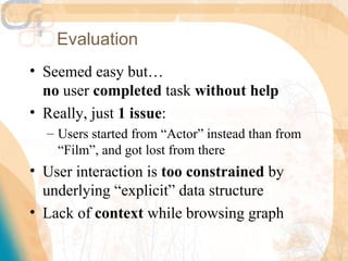 Evaluation
• Seemed easy but…
  no user completed task without help
• Really, just 1 issue:
  – Users started from “Actor” instead than from
    “Film”, and got lost from there
• User interaction is too constrained by
  underlying “explicit” data structure
• Lack of context while browsing graph
 