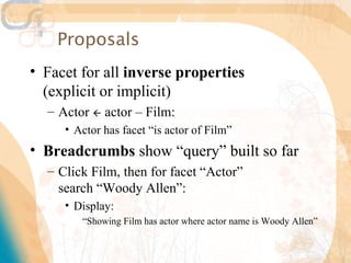 Proposals
• Facet for all inverse properties
  (explicit or implicit)
  – Actor  actor – Film:
     • Actor has facet “is actor of Film”
• Breadcrumbs show “query” built so far
  – Click Film, then for facet “Actor”
    search “Woody Allen”:
     • Display:
        “Showing Film has actor where actor name is Woody Allen”
 