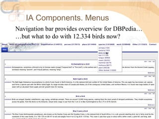 IA Components. Menus
Navigation bar provides overview for DBPedia…
…but what to do with 12.334 birds now?
 