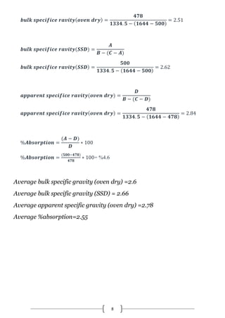 8
= %4.6
Average bulk specific gravity (oven dry) =2.6
Average bulk specific gravity (SSD) = 2.66
Average apparent specific gravity (oven dry) =2.78
Average %absorption=2.55
 
