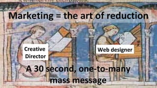 Marketing = the art of reduction Creative  Director Web designer A 30 second, one-to-many mass message 