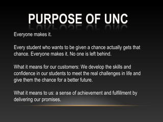 Everyone makes it.
Every student who wants to be given a chance actually gets that
chance. Everyone makes it. No one is left behind.
What it means for our customers: We develop the skills and
confidence in our students to meet the real challenges in life and
give them the chance for a better future.
What it means to us: a sense of achievement and fulfillment by
delivering our promises.