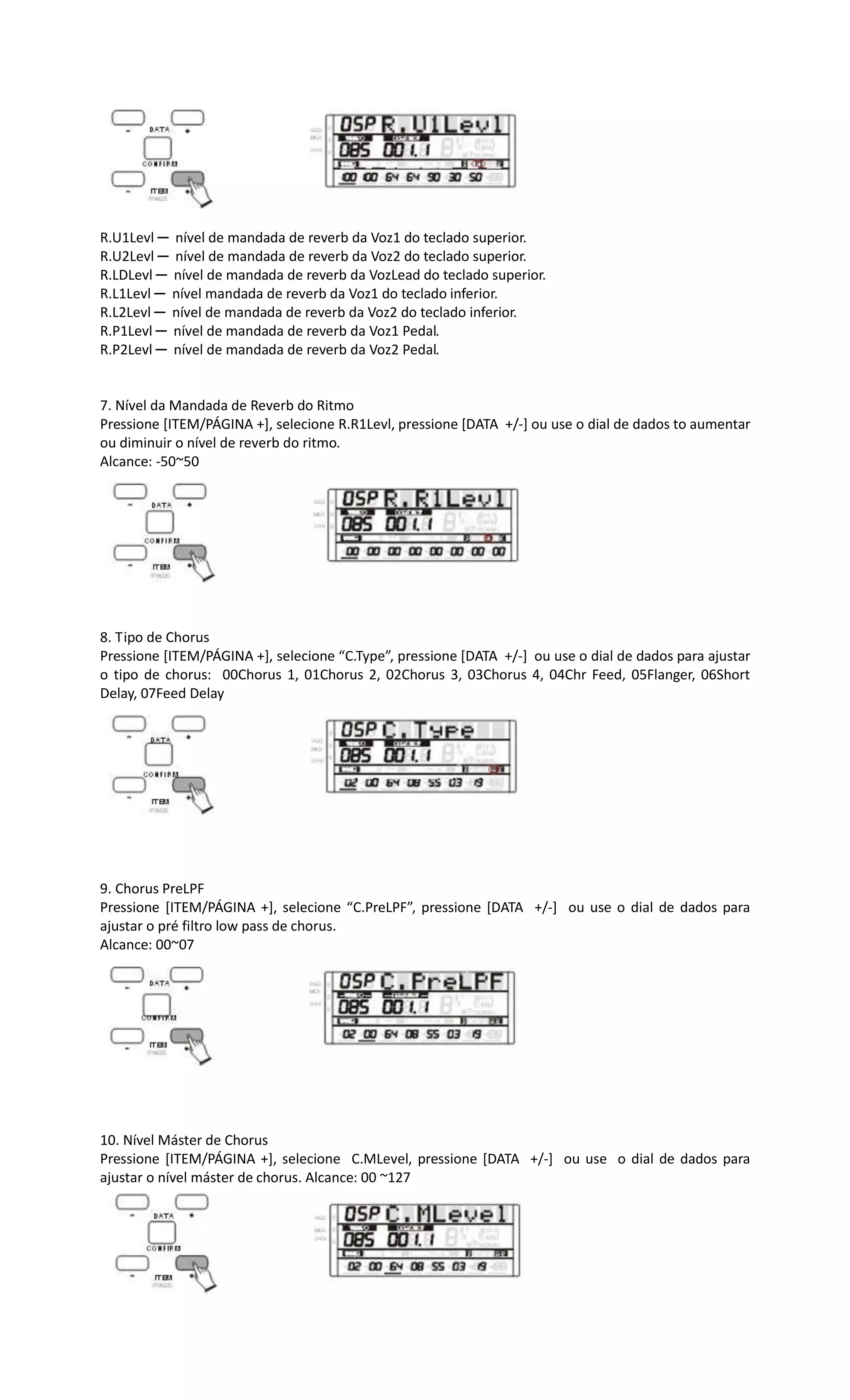 R.U1Levl ─ nível de mandada de reverb da Voz1 do teclado superior.
R.U2Levl ─ nível de mandada de reverb da Voz2 do teclado superior.
R.LDLevl ─ nível de mandada de reverb da VozLead do teclado superior.
R.L1Levl ─ nível mandada de reverb da Voz1 do teclado inferior.
R.L2Levl ─ nível de mandada de reverb da Voz2 do teclado inferior.
R.P1Levl ─ nível de mandada de reverb da Voz1 Pedal.
R.P2Levl ─ nível de mandada de reverb da Voz2 Pedal.
7. Nível da Mandada de Reverb do Ritmo
Pressione [ITEM/PÁGINA +], selecione R.R1Levl, pressione [DATA +/-] ou use o dial de dados to aumentar
ou diminuir o nível de reverb do ritmo.
Alcance: -50~50
8. Tipo de Chorus
Pressione [ITEM/PÁGINA +], selecione “C.Type”, pressione [DATA +/-] ou use o dial de dados para ajustar
o tipo de chorus: 00Chorus 1, 01Chorus 2, 02Chorus 3, 03Chorus 4, 04Chr Feed, 05Flanger, 06Short
Delay, 07Feed Delay
9. Chorus PreLPF
Pressione [ITEM/PÁGINA +], selecione “C.PreLPF”, pressione [DATA +/-] ou use o dial de dados para
ajustar o pré filtro low pass de chorus.
Alcance: 00~07
10. Nível Máster de Chorus
Pressione [ITEM/PÁGINA +], selecione C.MLevel, pressione [DATA +/-] ou use o dial de dados para
ajustar o nível máster de chorus. Alcance: 00 ~127
 