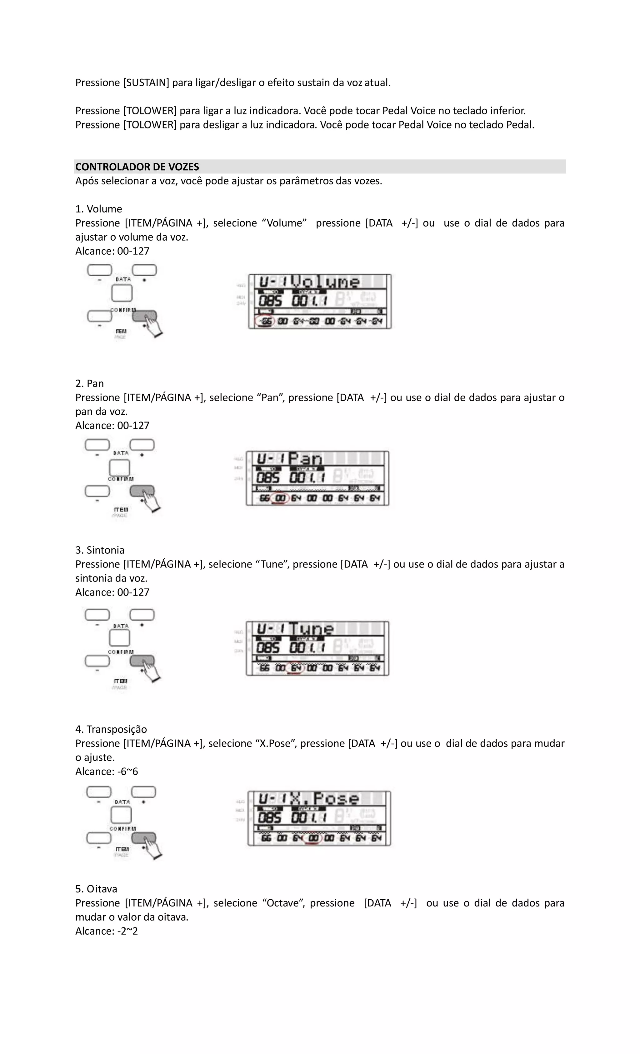 Pressione [SUSTAIN] para ligar/desligar o efeito sustain da voz atual.
Pressione [TOLOWER] para ligar a luz indicadora. Você pode tocar Pedal Voice no teclado inferior.
Pressione [TOLOWER] para desligar a luz indicadora. Você pode tocar Pedal Voice no teclado Pedal.
CONTROLADOR DE VOZES
Após selecionar a voz, você pode ajustar os parâmetros das vozes.
1. Volume
Pressione [ITEM/PÁGINA +], selecione “Volume” pressione [DATA +/-] ou use o dial de dados para
ajustar o volume da voz.
Alcance: 00-127
2. Pan
Pressione [ITEM/PÁGINA +], selecione “Pan”, pressione [DATA +/-] ou use o dial de dados para ajustar o
pan da voz.
Alcance: 00-127
3. Sintonia
Pressione [ITEM/PÁGINA +], selecione “Tune”, pressione [DATA +/-] ou use o dial de dados para ajustar a
sintonia da voz.
Alcance: 00-127
4. Transposição
Pressione [ITEM/PÁGINA +], selecione “X.Pose”, pressione [DATA +/-] ou use o dial de dados para mudar
o ajuste.
Alcance: -6~6
5. Oitava
Pressione [ITEM/PÁGINA +], selecione “Octave”, pressione [DATA +/-] ou use o dial de dados para
mudar o valor da oitava.
Alcance: -2~2
 