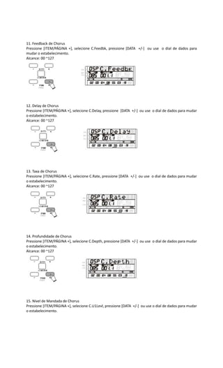 11. Feedback de Chorus
Pressione [ITEM/PÁGINA +], selecione C.Feedbk, pressione [DATA +/-] ou use o dial de dados para
mudar o estabelecimento.
Alcance: 00 ~127
12. Delay de Chorus
Pressione [ITEM/PÁGINA +], selecione C.Delay, pressione [DATA +/-] ou use o dial de dados para mudar
o estabelecimento.
Alcance: 00 ~127
13. Taxa de Chorus
Pressione [ITEM/PÁGINA +], selecione C.Rate, pressione [DATA +/-] ou use o dial de dados para mudar
o estabelecimento.
Alcance: 00 ~127
14. Profundidade de Chorus
Pressione [ITEM/PÁGINA +], selecione C.Depth, pressione [DATA +/-] ou use o dial de dados para mudar
o estabelecimento.
Alcance: 00 ~127
15. Nível de Mandada de Chorus
Pressione [ITEM/PÁGINA +], selecione C.U1Levl, pressione [DATA +/-] ou use o dial de dados para mudar
o estabelecimento.
 