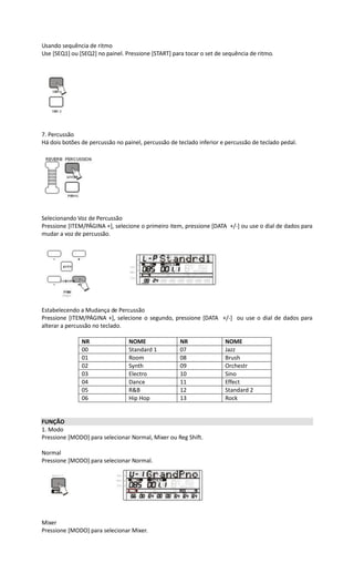Usando sequência de ritmo
Use [SEQ1] ou [SEQ2] no painel. Pressione [START] para tocar o set de sequência de ritmo.
7. Percussão
Há dois botões de percussão no painel, percussão de teclado inferior e percussão de teclado pedal.
Selecionando Voz de Percussão
Pressione [ITEM/PÁGINA +], selecione o primeiro item, pressione [DATA +/-] ou use o dial de dados para
mudar a voz de percussão.
Estabelecendo a Mudança de Percussão
Pressione [ITEM/PÁGINA +], selecione o segundo, pressione [DATA +/-] ou use o dial de dados para
alterar a percussão no teclado.
NR NOME NR NOME
00 Standard 1 07 Jazz
01 Room 08 Brush
02 Synth 09 Orchestr
03 Electro 10 Sino
04 Dance 11 Effect
05 R&B 12 Standard 2
06 Hip Hop 13 Rock
FUNÇÃO
1. Modo
Pressione [MODO] para selecionar Normal, Mixer ou Reg Shift.
Normal
Pressione [MODO] para selecionar Normal.
Mixer
Pressione [MODO] para selecionar Mixer.
 