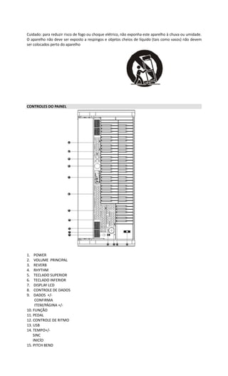 Cuidado: para reduzir risco de fogo ou choque elétrico, não exponha este aparelho à chuva ou umidade.
O aparelho não deve ser exposto a respingos e objetos cheios de líquido (tais como vasos) não devem
ser colocados perto do aparelho
CONTROLES DO PAINEL
1. POWER
2. VOLUME PRINCIPAL
3. REVERB
4. RHYTHM
5. TECLADO SUPERIOR
6. TECLADO INFERIOR
7. DISPLAY LCD
8. CONTROLE DE DADOS
9. DADOS +/-
CONFIRMA
ITEM/PÁGINA +/-
10. FUNÇÃO
11. PEDAL
12. CONTROLE DE RITMO
13. USB
14. TEMPO+/-
SINC
INICÍO
15. PITCH BEND
 