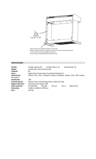 ESPECIFICAÇÕES
Teclado teclado superior:49 teclado inferior: 61 teclado pedal: 20
Display multifunção, LCD retroiluminado
Polifonia 64
Vozes UpperVoice12LowerVoice12LeadVoicePedalVoice12
Controle Voz Volume, Pan, Tune, Transpose, Octave, Envelopes, Vibrato, Filter, DSP, Sustain,
Pitch Bend
AutoAcomp 100
Controle Acomp Synchro, Start, Intro/Ending, Main A, Main B, Temp
Registro Memória memoriza 4*16 ajustes USB
Jacks auxiliaries AC 100-240V fones1/2 line out line in MIDI in/out
Dimensões 1138mm x 490mm x 945mm
Peso 56,9 kg
 