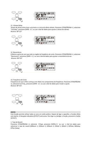 11. Vibrato Delay
Tempo de atraso entre tocar uma tecla e o início do efeito vibrato. Pressione [ITEM/PÁGINA +], selecione
“Vib-dlay”, pressione [DATA +/-] ou use o dial de dados para ajustar o atraso de vibrato.
Alcance: 00~127
12. Ressonância
Enfatiza a parte do som que está na região da freqüência de corte. Pressione [ITEM/PÁGINA +], selecione
“Resonance”, pressione [DATA +/-] ou use o dial de dados para ajustar a ressonância da voz .
Alcance: 00~127
13. Frequência de Corte
Frequência em que o filtro começa a ter efeito nos componentes da freqüência. Pressione [ITEM/PÁGINA
+], selecione Cut.Freq,, pressione [DATA +/-] ou use o dial de dados para mudar o ajuste.
Alcance: 00~127.
EFEITO
Esta função permite utilizar todos os sons em estilo prático. Depois de ligar o aparelho, a função efeito
está aberta. A lâmpada indicadora [EFFECT] está acesa. Para ligar ou desligar a função, pressione o botão
[EFFECT].
1. Tipo de Reverb
Pressione [ITEM/PÁGINA +], selecione R.Type, pressione [DATA+/-] ou use o dial de dados para
selecionar o tipo de reverb (00Room 1; 01Room 2; 02Room 3; 03Hall 1; 04Hall 2; 05Plate; 06Delay;
07Pan Delay).
 