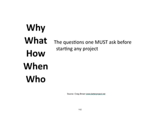 The	
  ques.ons	
  one	
  MUST	
  ask	
  before	
  
star.ng	
  any	
  project
Why
What
How
When
Who
Source: Craig Brown www.betterproject.net
112
 
