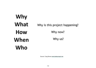 Why	
  
What	
  
How	
  
When	
  
Who
Why is this project happening?
Why now?
Why us?
Source: Craig Brown www.betterproject.net
113
 