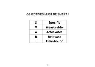 S Specific
M Measurable
A Achievable
R Relevant
T Time-bound
OBJECTIVES MUST BE SMART !
127
 