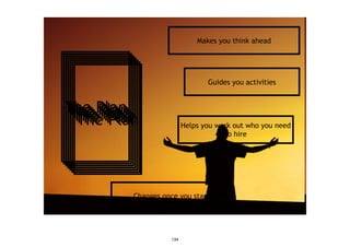 http://flickr.com/photos/xabier-martinez/225627841/
The PlanThe PlanThe PlanThe PlanThe PlanThe PlanThe Plan
Changes once you start
Guides you activities
Makes you think ahead
Helps you work out who you need
to hire
134
 