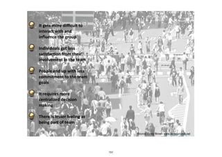 It	
  gets	
  more	
  diﬃcult	
  to	
  
interact	
  with	
  and	
  
inﬂuence	
  the	
  group	
  
Individuals	
  get	
  less	
  
saIsfacIon	
  from	
  their	
  
involvement	
  in	
  the	
  team	
  
People	
  end	
  up	
  with	
  less	
  
commitment	
  to	
  the	
  team	
  
goals	
  
It	
  requires	
  more	
  
centralized	
  decision	
  
making	
  	
  
There	
  is	
  lesser	
  feeling	
  as	
  
being	
  part	
  of	
  team
Source: Craig Brown www.betterproject.net
151
 