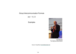 Fred Brooks
The Mythical Man-Month
Group Intercommunication Formula
n(n − 1) / 2
Examples
Source: Craig Brown www.betterproject.net
154
 
