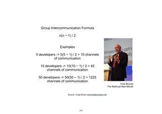 Fred Brooks
The Mythical Man-Month
Group Intercommunication Formula
n(n − 1) / 2
Examples
5 developers -> 5(5 − 1) / 2 = 10 channels
of communication
10 developers -> 10(10 − 1) / 2 = 45
channels of communication
50 developers -> 50(50 − 1) / 2 = 1225
channels of communication
Source: Craig Brown www.betterproject.net
157
 