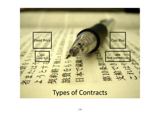 Types	
  of	
  Contracts
Fixed Price Cost Plus
AKA
Lump Sum
AKA
Time and Materials
175
 