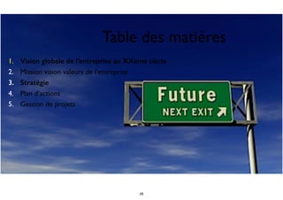 Table des matières
1. Vision globale de l’entreprise au XXème siècle
2. Mission vision valeurs de l’entreprise
3. Stratégie
4. Plan d’actions
5. Gestion de projets
29
 