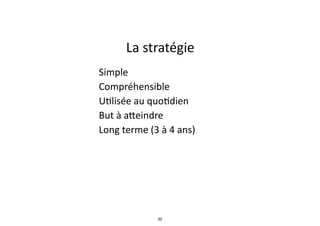 La	
  stratégie	
  
• Simple	
  
• Compréhensible	
  
• U.lisée	
  au	
  quo.dien	
  
• But	
  à	
  a_eindre	
  
• Long	
  terme	
  (3	
  à	
  4	
  ans)
32
 
