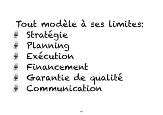 Tout modèle à ses limites:
Stratégie
Planning
Exécution
Financement
Garantie de qualité
Communication
60
 