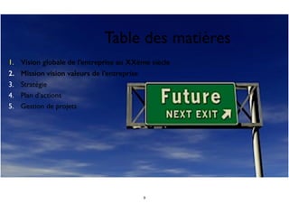 Table des matières
1. Vision globale de l’entreprise au XXème siècle
2. Mission vision valeurs de l’entreprise
3. Stratégie
4. Plan d’actions
5. Gestion de projets
9
 