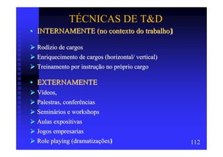 TÉCNICAS DE T&D
• INTERNAMENTE (no contexto do trabalho)

 Rodízio de cargos
 Enriquecimento de cargos (horizontal/ vertical)
 Treinamento por instrução no próprio cargo

• EXTERNAMENTE
 Vídeos,
 Palestras, conferências
 Seminários e workshops
 Aulas expositivas
 Jogos empresarias
 Role playing (dramatizações)                      112
 