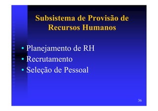 Subsistema de Provisão de
      Recursos Humanos

• Planejamento de RH
• Recrutamento
• Seleção de Pessoal


                               36
 