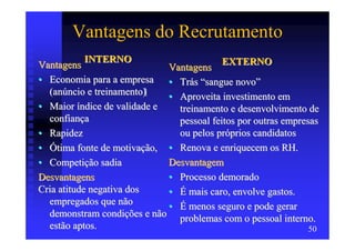 Vantagens do Recrutamento
          INTERNO                         EXTERNO
Vantagens                    Vantagens
• Economia para a empresa • Trás “sangue novo”
  (anúncio e treinamento)    • Aproveita investimento em
• Maior índice de validade e   treinamento e desenvolvimento de
  confiança                    pessoal feitos por outras empresas
• Rapidez                      ou pelos próprios candidatos
• Ótima fonte de motivação, • Renova e enriquecem os RH.
• Competição sadia           Desvantagem
Desvantagens                 • Processo demorado
Cria atitude negativa dos    • É mais caro, envolve gastos.
  empregados que não         • É menos seguro e pode gerar
  demonstram condições e não problemas com o pessoal interno.
  estão aptos.                                                 50
 