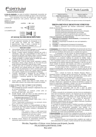Prof.: Paulo Lacerda
e) teste de simulação: seu ponto de partida é dramatização (reconstituir um                            Aspectos positivos                  Aspectos negativos
“palco”, que dramatize um contexto de trabalho que figure o mais real possível).                     Saber lidar com pessoas                  Falta de visão
           Nota: geralmente, esses testes são utilizados nos cargos que exijam                        Prós: enfatiza os aspectos excepcionais do comportamento; fácil
relacionamento interpessoal como gerência, supervisão, vendas, compras,                               montagem e execução.
contatos, etc.                                                                                        Contras: não se preocupa com aspectos normais do desempenho
Modelos de seleção:
1) COLOCAÇÃO:                 candidato             vaga
                                                                                             TREINAMENTO E DESENVOLVIMENTO
                                                           Candidato                                 Processo educacional que transmite conhecimentos, habilidades
2) SELEÇÃO:                         vaga                   Candidato                     atitudes aos funcionários.
                                                           Candidato                                 Educação: desenvolvimento físico, mental e moral;
3) CLASSIFICAÇÃO:                                                                                    Educação profissional:treinamento, desenvolvimento e formação;
                                  Candidato                         vaga                             Formação:qualificação determinada para uma atividade
                                  Candidato                         vaga                             Treinamento: conjunto de experiências para a posição atual;
                                  Candidato                         vaga                             Desenvolvimento: capacitação para o cargo atual e para os futuros.
             AVALIAÇÃO DO DESEMPENHO                                                     1 fases do treinamento e do desenvolvimento
                                                                                         1. Diagnóstico de treinamento e desenvolvimento: é o levantamento das
                                                                                               necessidades de treinamento;
               É uma apreciação sistemática do desempenho de                             2. Desenho: é a programação ou desenho de como será implantado o
               cada pessoa em função das suas condutas                                         treinamento;
               organizacionais. Julga e estima o potencial do                            3. Execução: é a implementação do programa de treinamento;
               funcionário (valor, experiência, qualidades, etc.)                        4. Avaliação: é a verificação se houve ou não sucesso do programa.
                               Quem deve avaliar:
        a)     Auto-avaliação: quando o próprio empregado se avalia, dando seu           2 Treinamento: meio de desenvolver competências nas pessoas para que elas se
               juízo de valor. Ele deverá ser orientado pelo gerente;                    tornem mais produtivas, criativas e inovadoras. É uma fonte de lucro ao permitir
        b)     Gerente: o próprio superior hierárquico (gerente) que avalia o            que as pessoas contribuam efetivamente para os resultados dos negócios.
               subordinado, sendo uma responsabilidade de linha junto co a                           O treinamento é um dos recursos do Desenvolvimento de Pessoal.
               assessoria de staff (RH). Este elabora o plano e executa avaliação,       Visa o aperfeiçoamento de desempenhos, aumento da produtividade e das
               cabendo à autoridade de linha a decisão sobre o processo.                 relações interpessoais. Para isso, prepara o potencial humano frente as inovações
        c)      Equipe de trabalho: é a própria equipe de trabalho que avalia o          tecnológicas e as constantes mudanças do mercado de trabalho, sendo o
               desempenho de cada um de seus membros;                                    treinamento indispensável para a busca da qualidade total. Segundo Boog (2001,
        d)     Avaliação 360º: é feita de modo circular; participam o gerente,           p. 78) o treinamento começa como uma resposta a uma necessidade ou a uma
               fornecedores, clientes, colegas, diretores, etc. Ela é mais rica, pois    oportunidade em um ambiente organizacional. Estabelecer o valor faz com que o
               produz diferentes informações vindas de todos os lados;                   círculo completo do processo seja cumprido, pois enfoca as necessidades, os
        e)     Avaliação para cima: ao contrário da avaliação do subordinado             problemas e as oportunidades que ele originalmente visava a atender.
               pelo superior, esta avaliação permite que a equipe avalie o seu                       Na escola clássica Taylor, o treinamento era voltado apenas para o
               gerente, como ele proporcionou os meios e recursos para a equipe          aumento da produtividade, visto que essa escola via o homem como um ser que
               alcança seus objetivos. Permite que a equipe negocie alterações           trabalhava essencialmente em troca de dinheiro, sem nenhuma identificação com
               com o gerente, exigindo uma nova abordagem na liderança.                  a organização.
        f)     Comissão: especializada e designada pra essa finalidade. É                            Com o advento da Escola das Relações Humanas (Mayo), o
               geralmente constituída por membros permanentes (como o                    treinamento passou a abranger aspectos psicossociais dos indivíduos. A partir
               presidente) e transitórios (gerente de cada funcionário, ora              dela, o treinamento visou capacitar, além da capacidade para as tarefas, para o
               avaliado).                                                                relacionamento interpessoal e sua integração com a organização.
                                  Como avaliar (métodos):                                            Com o enfoque sistêmico pela ARH o treinamento passou a ser visto
        a)     Escalas gráficas: baseado numa tabela de dupla entrada: nas               como um dos seus sistemas básicos. Passou a envolver, portanto, todas as
               linhas estão os fatores e nas colunas estão os graus de avaliação.        atividades voltadas para o suprimento das carências de indivíduos ou grupos em
                                                                                         termos de conhecimento, habilidades e atitudes, com vista em desempenhar as
              Fatores     Ótimo         Bom          Regular        ruim       Péssimo   tarefas necessárias para alcançar os objetivos da organização.
             Produção                    X                                                           É um processo cíclico e continuo composto de quatro etapas:
               Prós: facilidade de execução, avaliação e comparação, bem como               1ª: diagnóstico das necessidades pode ser feito a partir da análise
               de retroação (feedback);                                                     organizacional, das operações e tarefas e, por último, da análise individual e
               Contras: superficialidade na avaliação, produz efeito de                     coletiva.
               generalização (hallo effect –efeito halo);                                   2ª: Quanto a execução de um treinamento, esta deve levar em consideração os
        b)     Escolha forçada: avalia por blocos de frases descritivas que                 vários tipos de treinamento: primeiro o de integração que tem como objetivo
               focalizam determinados aspectos do comportamento.                            adaptar as pessoas à organização; depois o técnico-operacional, que busca
                                                               Nº   +      -                capacitar o indivíduo para o desempenho das tarefas específicas as quais
                        Dificuldade em lidar com pessoas                   X
                                                                                            realiza; o treinamento gerencial, que tem o intuito de desenvolver a
               Prós: evita o efeito de generalização (efeito halo) e tira a                 competência técnica, administrativa e comportamental, e, por fim, o
               influência pessoal do avaliador.                                             treinamento comportamental, que tem como objetivo solucionar os problemas
               Contras: complexidade no planejamento e na construção; técnica               das inter-relações no contexto do trabalho.
               pouco conclusiva em erelação aos dados.                                      3ª A avaliação de treinamento propicia o feedback necessário ao profissional
        c)     Pesquisa de campo: baseia-se na responsabilidade de linha e                  de RH, para se concluir até que ponto o treinamento executado produziu
               assessoria de staff. Requer entrevistas entre um especialista (RH)           modificações de comportamentos pretendidos como também, se o
               e um gerente para, em conjunto, avaliarem o desempenho dos                   treinamento alcançou as metas já estabelecidas anteriormente. Cabe, ainda,
               respectivos comandados.                                                      fazer referência as avaliações do aprendizado, de reação e dos resultados do
                                  Prós: envolve a linha e o staff; proporciona              treinamento, que seriam outras possibilidades de intervenção.
                                  profundidade na avaliação do método; permite           3 Desenvolvimento: meio de desenvolver competências nas pessoas em relação
                                  planejamento de ações para o futuro.                   a novas expectativas. São processos mais profundos de formação das pessoas e
                                   Contras: custo elevado; lentidão na execução          da estrutura humana organizacional.A tendência natural de toda organização é
                                  do processo; pouca participação do avalliado.          crescer e desenvolver-se.
        d)     Incidentes críticos: baseia-se em características extremas, que                       O desenvolvimento é um processo lento e gradativo que conduz ao
               representam aspectos positivos ou negativos do cargo.                        exato conhecimento de si próprio e à plena realização de suas potencialidades.

                                       Dúvidas, Sugestões e Críticas: www.fortium.com.br/paulo_lacerda
                                                      PJLACERDA@HOTMAIL.COM
                                                                   Boa sorte!
 