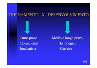 TREINAMENTO X DESENVOLVIMENTO




    Curto prazo   Médio e longo prazo
    Operacional       Estratégico
    Imediatista       Carreira


                                        102
 