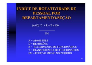 INDÍCE DE ROTATIVIDADE DE
       PESSOAL POR
  DEPARTAMENTO/SEÇÃO
      (A+D) / 2 + R + T x 100
            ____________
                EM

    A = ADMISSÕES
    D = DEMISSÕES
    R = RECEBIMENTO DE FUNCIONÁRIOS
    T = TRANSFERÊNCIA DE FUNCIONÁRIOS
    EM = EFETIVO MÉDIO NO PERÍODO

                                        40
 