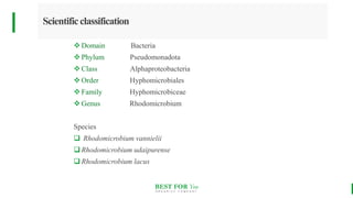 BEST FOR You
O R G A N I C S C O M P A N Y
Scientificclassification
 Domain Bacteria
 Phylum Pseudomonadota
 Class Alphaproteobacteria
 Order Hyphomicrobiales
 Family Hyphomicrobiceae
 Genus Rhodomicrobium
Species
 Rhodomicrobium vannielii
 Rhodomicrobium udaipurense
 Rhodomicrobium lacus
 