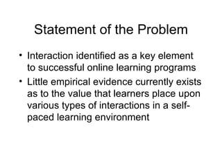 Statement of the Problem Interaction identified as a key element to successful online learning programs Little empirical evidence currently exists as to the value that learners place upon various types of interactions in a self-paced learning environment 