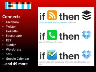 Connect:
•   Facebook
•   Twitter
•   LinkedIn
•   Foursquare
•   RSS
•   Tumblr
•   Wordpress
•   SMS
•   Google Calendar
…and 49 more
 