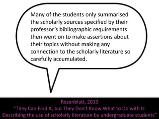 Many of the students only summarised
            the scholarly sources specified by their
            professor’s bibliographic requirements
            then went on to make assertions about
            their topics without making any
            connection to the scholarly literature so
            carefully accumulated.




                          Rosenblatt, 2010
    “They Can Find It, but They Don’t Know What to Do with It:
Describing the use of scholarly literature by undergraduate students”
 