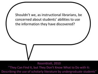 Shouldn’t we, as instructional librarians, be
          concerned about students’ abilities to use
          the information they have discovered?




                          Rosenblatt, 2010
    “They Can Find It, but They Don’t Know What to Do with It:
Describing the use of scholarly literature by undergraduate students”
 