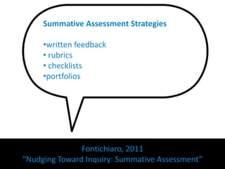 Summative Assessment Strategies

     •written feedback
     • rubrics
     • checklists
     •portfolios




               Fontichiaro, 2011
“Nudging Toward Inquiry: Summative Assessment”
 