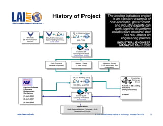 History of Project                                              The leading indicators project
                                                                                                      is an excellent example of
                                                                                                    how academic, government,
                                                                                                        and industry experts can
                                                                                                        work together to perform
                                                           SE LI Working Group
                                                                                                     collaborative research that
                                   +                                                                          has real impact on
          AF/DOD            AF/LAI Workshop on                      +                                       engineering practice
      SE Revitalization     Systems Engineering                 With PSM
          Policies               June 2004
                                                                                                               INDUSTRIAL ENGINEER
                                                                                                                 MAGAZINE March 2007
                                                                         BETA
                                                               Guide to SE
                                                            Leading Indicators
                                                            (December 2005)



                                  Pilot Programs              Masters Thesis                 Validation Survey
                               (several companies)            (1 case study)               (>100 responses/ one
                                                                                                corporation)




                                                            SE LI Working Group                                                  Knowledge
                                                                                                                                  Exchange
                                                                    +                                                                Event
                                                            With SEAri and PSM                                       Tutorial on SE Leading
       Practical Software                                                                                            Indicators
       & Systems                                                                                                     (many companies)
       Measurement
       Workshops                                                         V. 1.0
                                                                                                                     2 events
       (1) July 2005                                           Guide to SE
                                                            Leading Indicators
       (2) July 2007                                           June 2007
       (3) July 2008

                                                                Applications
                                                     IBM® Rational Method Composer – RUP
                                                             Measurement Plug-in
http://lean.mit.edu                                                                 © 2009 Massachusetts Institute of Technology Rhodes-Feb 2009   10
 