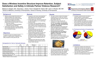 Does a Wireless Incentive Structure Improve Retention, Subject
Satisfaction and Safety in Intimate Partner Violence Research?
Melissa A. Rodgers, BA1, Alexandra L. Hanlon, Ph.D2, Elizabeth M. Datner, MD1, Karin V. Rhodes, MD, MS1
1School of Medicine, University of Pennsylvania, 2School of Nursing, University of Pennsylvania
 Effective evidence-based interventions are
needed for patients with intimate partner
violence (IPV) and other psychosocial risks.
 Innovative technologies may address
methodological weaknesses of previous
research with this at-risk population including:
 high rates of attrition
 safety concerns contacting participants
 inadequate outcome measures.
 Generic bank cards allow for wireless, flexible,
and immediate payment for data collection that
can be conducted remotely.
Background
Demographics for Card vs. Cash paid individuals
To assess the impact of a wireless incentive
payment on subject retention, satisfaction, and
safety compared to those paid with cash.
Objectives
Card
(n=103)
Cash
(n=112)
Difference in
Proportions
95% CI P
Age ( Med / IQR) 32 (25-41) 31 (23-35) -1.64* -4.46 – 1.19 0.7115
African American (N / %) 76 74.5% 75 68.2% 6% -0.18 – 0.06 0.3630
Marital Status: Single 75 72.8% 84 75.7% 3% -0.09 – 0.15 0.6424
Education: Less than High School Grad 20 19.4% 23 20.7% 1% -0.09 – 1.20 0.8654
Unemployed (outside the home) 55 53.4% 59 52.7% 1% -0.14 – 0.13 0.9159
Income: Less than $10,000 year 26 28.6% 30 29.4% 1% -0.12 – 0.14 0.8978
Children: No Children (<18) in Home 44 46.8% 44 43.6% 1% -0.13 – 0.14 0.9510
IPV Severity: CTS2S Score ( Med / IQR) 7.5 (3-9) 12.1 (4.5-16) 4.73* 2.24 – 7.22 0.0054
Alcohol Severity: AUDIT Score 7.9 (4- 9) 9.3 (5 - 11) 1.40* -0.18 – 2.99 0.9669
*Difference in Means for Continuous Variables
 Prospective cohort study using longitudinal
data collected during a large randomized
control trial of an IPV intervention.
 Female patients age 18-64 are recruited from
an urban ED setting for a 3-12 month study
funded by NIAAA.
 All enrollees meet study eligibility criteria of
risky drinking and experience with IPV in the
past 3 months, and are compensated $10 for
completing each of the 12 weekly automated
phone surveys.
 A natural experiment occurred; the first 112
participants enrolled were paid cash, in
person, and the next 103 participants
received wireless payments via a bank card.
 Adjusting for significant demographics, a
backward elimination GEE Model examines
the association between payment type, and
the number of calls completed over the 12
weeks.
 Participants were asked about their safety
and satisfaction with the incentive structure
during 3-month interviews.
Methods
 The mean number of calls for the wireless
incentive group is 8.3 (SD=3.54), which is
significantly greater than the cash incentive
group (M=6.0; SD=3.79).
 Overall, 45% of those paid with cash
completed 10-12 calls vs. 22% who were
paid cash. On average, card participants
completed 70% of their calls while those
paid cash completed 50%.
 Payment type groups are demographically
similar with regard to age, marital status,
education, employment, and alcohol severity,
but vary in terms of IPV severity.
 Card participants were more likely to
complete a phone survey each week
(OR=1.52; CI 1.00-2.29).
 While completion decreased over time
(OR=1.06; CI=1.03-1.10), the number of calls
completed declined more rapidly for those
with the cash incentive (p=0.0016).
 Over 90% of participants who received a gift
card expressed satisfaction with the payment
method and phone survey; 60% indicated
that they preferred the gift card incentive.
 At 3-months, there was no difference in self-
reported safety between the two groups.
Results
 A wireless incentive structure may help to
improve retention in clinical research,
particularly with repetitive outcome measures
that can be collected remotely.
 Patient satisfaction with the gift card reinforces
their use with this vulnerable study population.
 Future analyses should include a more direct
measurement of whether the cards alleviate
potential safety risks for involved participants.
Conclusions
 Participants included in this analysis are
female, were recruited from two urban ED
departments, and met study eligibility criteria of
risking drinking (AUDIT>3) and experience of
IPV in the past 3 months(CTS2S ≥ 1).
 Data was not collected during a concurrent time
period for the two payment type groups.
Limitations
% of Participants by Number of Completed Calls
Cash
(n=112)
Card
(n=103)
22%
27%
18%
33%
45%
29%
11% 16%
10-127-94-61-3
Number of Calls
 