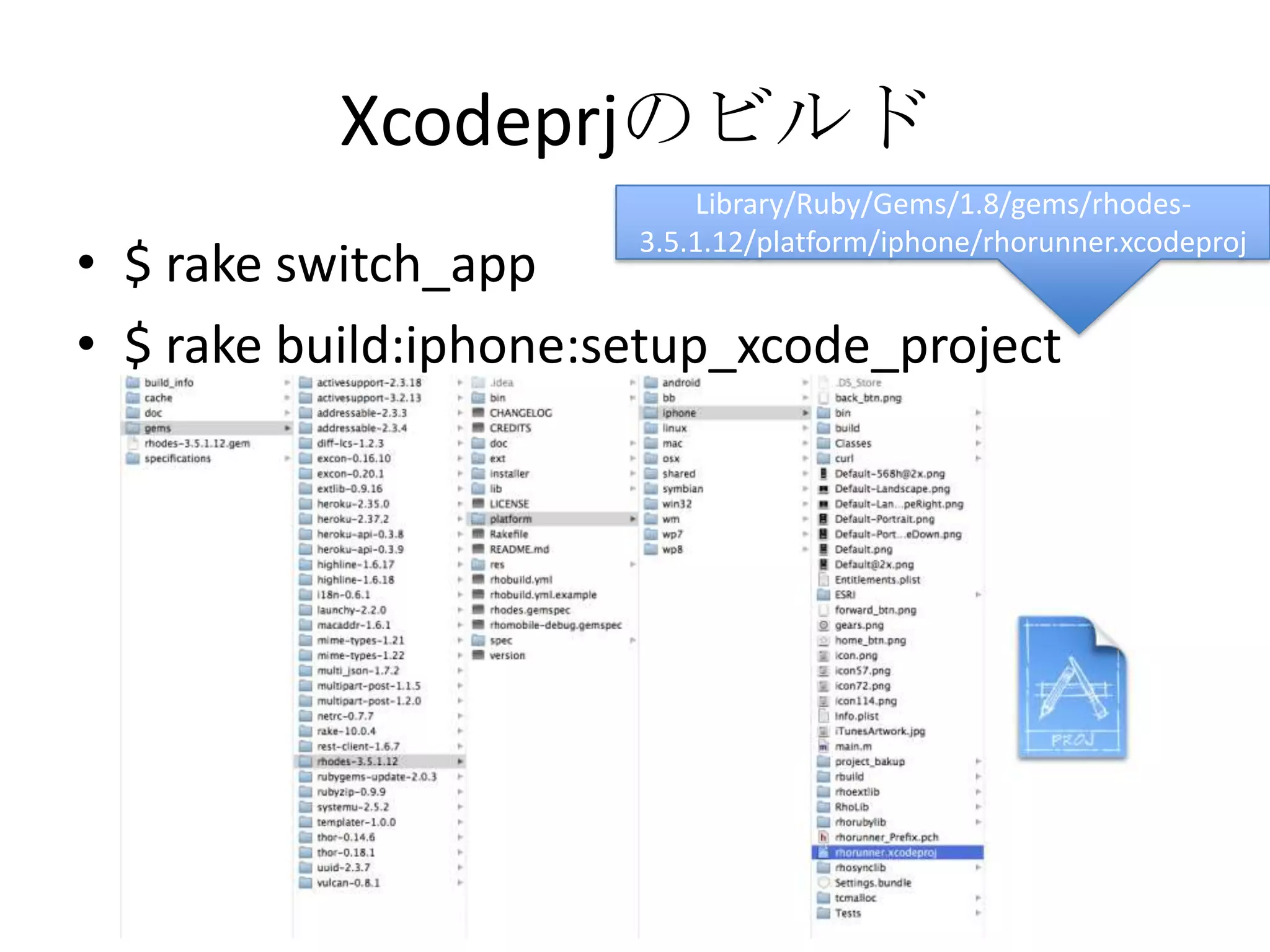Xcodeprjのビルド
• $ rake switch_app
• $ rake build:iphone:setup_xcode_project
Library/Ruby/Gems/1.8/gems/rhodes-
3.5.1.12/platform/iphone/rhorunner.xcodepro
j
 