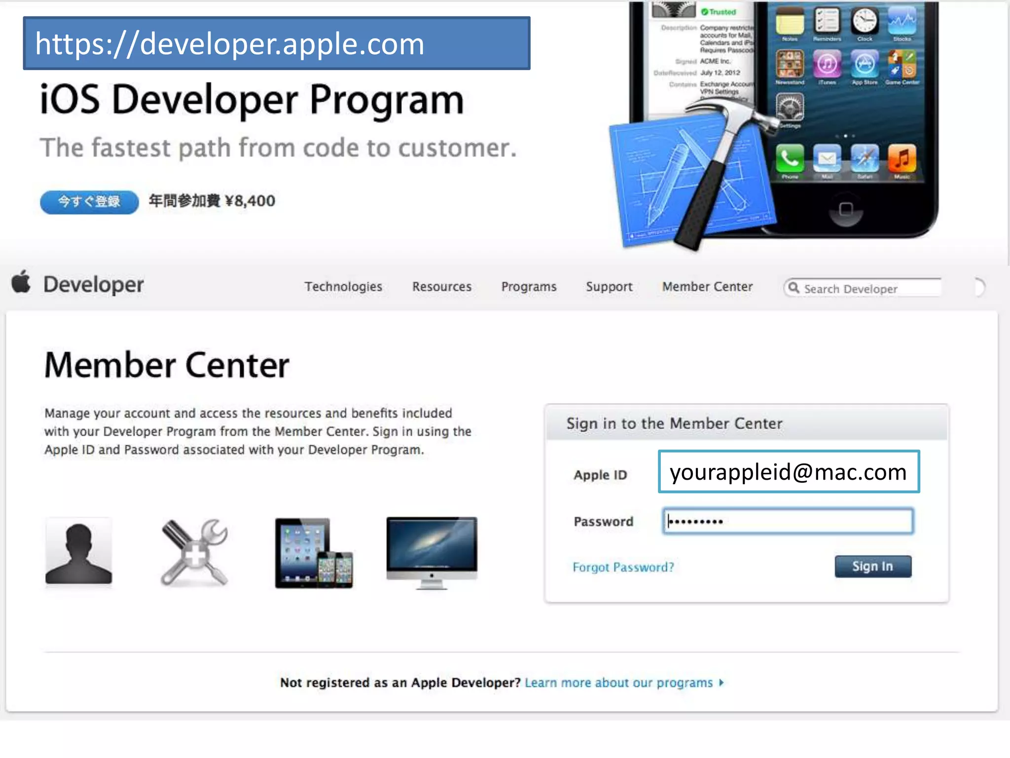 yourappleid@mac.co
m
https://developer.apple.com
 