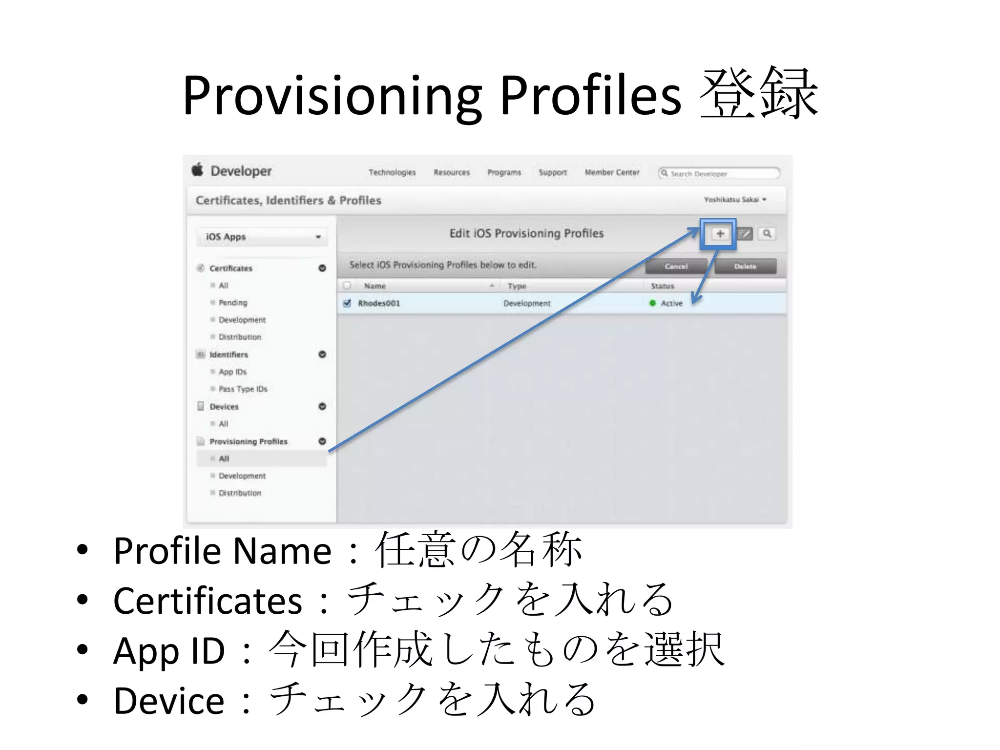 Provisioning Profiles 登録
• Profile Name：任意の名称
• Certificates：チェックを入れる
• App ID：今回作成したものを選択
• Device：チェックを入れる
 