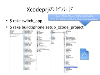 Xcodeprjのビルド
• $ rake switch_app
• $ rake build:iphone:setup_xcode_project
Library/Ruby/Gems/1.8/gems/rhodes-
3.5.1.12/platform/iphone/rhorunner.xcodepro
j
 
