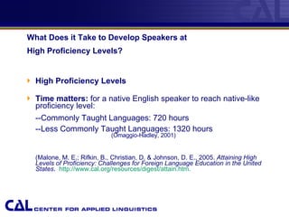 What Does it Take to Develop Speakers at  High Proficiency Levels?   High Proficiency Levels   Time matters:  for a native English speaker to reach native-like proficiency level:  --Commonly Taught Languages: 720 hours --Less Commonly Taught Languages: 1320 hours  (Omaggio-Hadley, 2001) (Malone, M. E.; Rifkin, B., Christian, D. & Johnson, D. E., 2005.  Attaining High Levels of Proficiency: Challenges for Foreign Language Education in the United States .  http://www.cal.org/resources/digest/attain.htm. 
