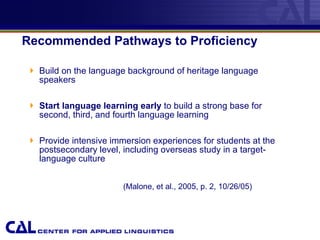 Recommended Pathways to Proficiency Build on the language background of heritage language speakers  Start language learning early  to build a strong base for second, third, and fourth language learning Provide intensive immersion experiences for students at the postsecondary level, including overseas study in a target-language culture (Malone, et al., 2005, p. 2, 10/26/05) 