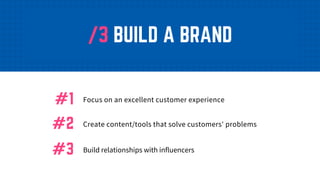 /3 BUILD A BRAND
Focus on an excellent customer experience#1
Create content/tools that solve customers' problems#2
Build relationships with influencers#3
 
